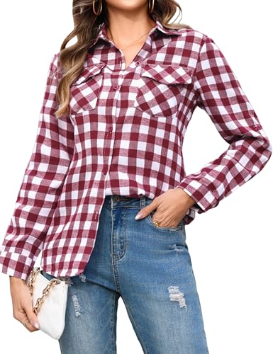 Aottori Chemisier à Carreaux Femme Coton Chemise Flanelle Chic avec Bouton Classique Blouse Bucheron Western Décontractée Retro Ecossaise Casual Vintage...