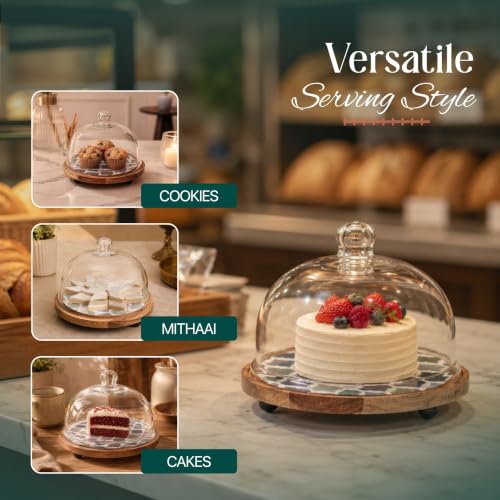 Image of Frosty Bliss Acacia Wood Cake Stand glass Dome | Glass Dome Lid Cake Plate | Multipurpose Serving Stand for Wedding Birthday Parties | Dessert Pastry Display