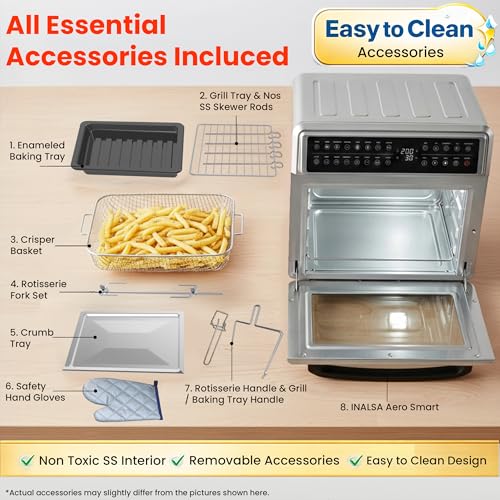 Image of INALSA Air Fryer Oven With 23L Capacity|1700 W-16 Preset Programs |Digital Display and Touch Control| Rotisserie & Convection| 9 Accessories| Recipe Book|2 Year Warranty-Aero Smart23