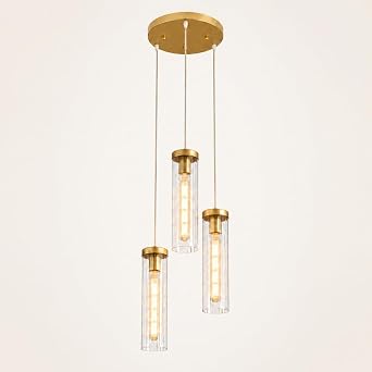 3-Light Brushed Gold Pendant Lights Kitchen Island, Kitchen Island Pendant Lighting, Adjustable lampara de techo with Ribbed Glass Shades, 63" Drop, E26 Base, Dining Room,Bulb Not Included