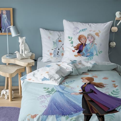 Disney Home Frozen Parure de lit imprimée La Reine des Neiges 2 Sisters | 100% Coton | Oeko-TEX | Housse de Couette 1 Personne Fille 140x200 cm + Taie d'oreiller 63x63...