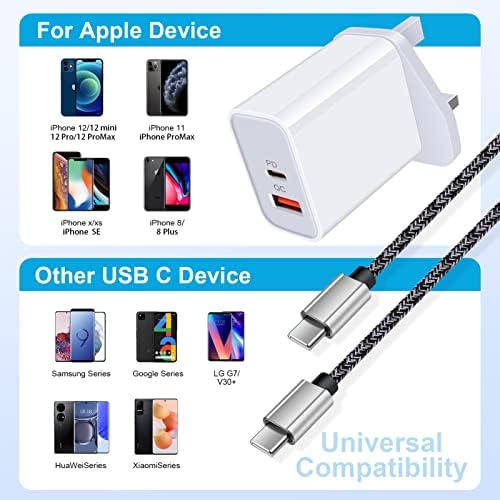 USB C Plug for Samsung Galaxy A13/A12/A14/A22/A23/A33/A52s/A53/M13/M23/M53/Z Flip 4, 20W Dual Port USB C Fast Charger Plug Type C Power Adapter PD&QC3.0 Wall Plug with Cable for Samsung, Google Pixel
