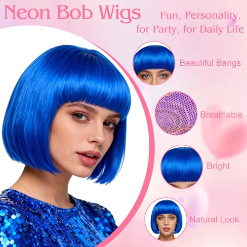 Image of MEEZY 2 Pcs Colorful Bob Wigs with Bangs Royal Blue Pink for Women, Neon Funny Wig Short Bob Hair with Heart Sunglasses Hair Cap for Halloween Costume Cosplay Birthday Bachelorette Party Carnival