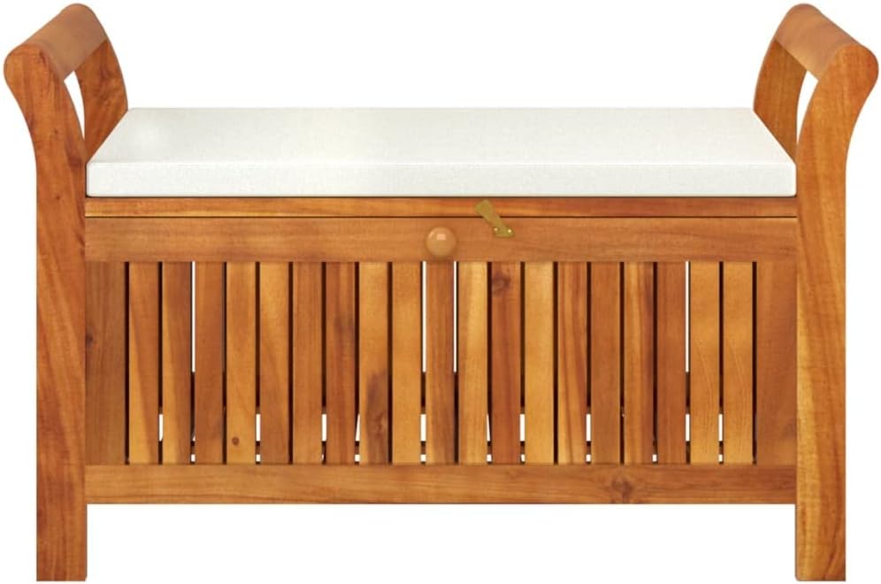 Wooden Outdoor Patio Storage Bench Large Deck Box with White Cream Cushion 35.8"x19.7"x23.6" Solid Wood Acacia Storage Box Deck Box with Seat for Garden, Balcony, Porch, Pool,Yard