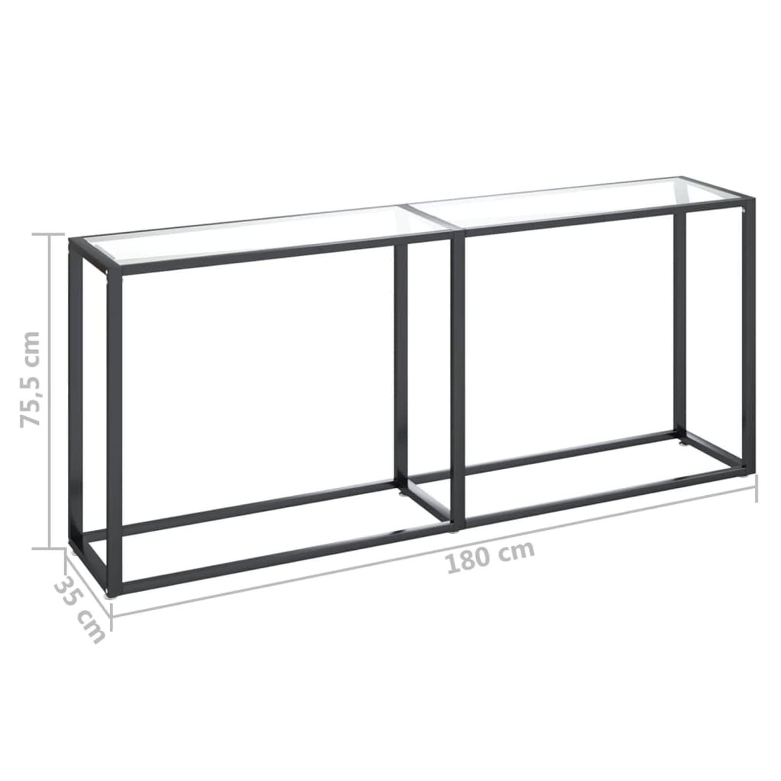 Stolik konsolowy przezroczysty 180 x 35 x 75,5 cm ze szkła hartowanego, stolik konsolowy z szufladą, stolik wejściowy w stylu vintage, wąski, stolik boczny z 2 półkami do przechowywania, do