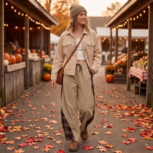 Womens Corduroy Barrel Pants with Pockets Y2K Plaid Patchwork Panels - image 2