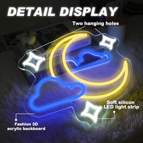 Image of Moon Star Cloud Neon Sign - Moon Star Cloud LED Light for Kids, Teens, Baby Bedroom, Game Room Wall Decor - Dimmeable Premium USB Powered Neon Night Light with On /Off Switch - 14x13-Inch