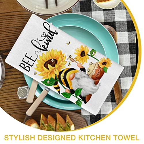 Seliem Spring Bee Kind Bee Happy Gnome Kitchen Dish Towel Set Of 2, Sunflower Honey Hand Towel Inspirational Quote Drying Baking Cooking Cloth, Summer Seasonal Kitchen Decor 18X26 Inches #TOP4
