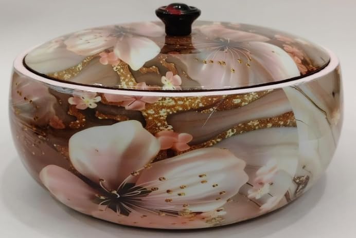 Unique Arts Shoppee Premium Handcrafted Solid Wood Floral Print Design Roti Casserole for Kitchen | Round Hot Pot for Roti and serving Dishes, Roti Dabba with Lid and Nob (brown)