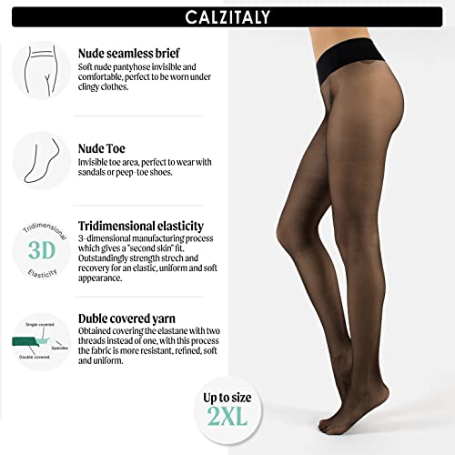 CALZITALY Seamless Sheer Tights with Comfortable Waistband, 15 Dernier Pantyhose (XX-Large, Black)