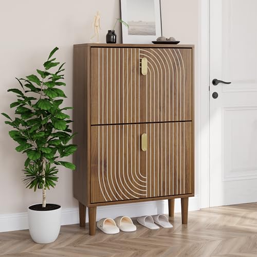 Smuxee Meuble de Rangement à Chaussures avec 2 Tiroirs Rabattables, 60 cm Bibliothèque à Chaussures Design à Rainures en Noyer, Organisateur Autoportant...