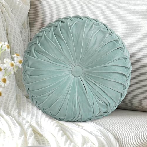 Image of HIG Set of 2 Aqua Ruched Velvet Round Throw Pillows - 14.5'' Decorative Pillows with Soft Polyester Filling for Couch, Bed, Living Room, Bedroom, or Dorm - Handmade, Stress Relieving, All-Season