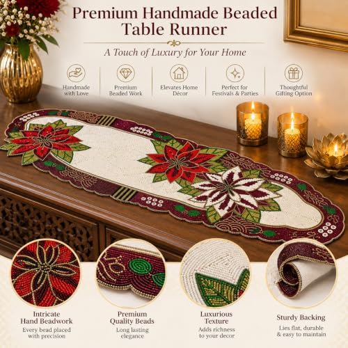 Image of MFU - Made For You Premium Glass Beaded Table Runner 13x36 Inch Cream Maroon Floral Design | Handmade Decorative Rectangular Table Runner for Dining Table, Center Table, Coffee Table, Home Decor