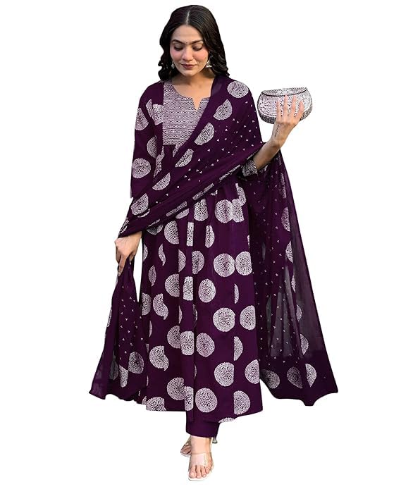 Toochki Dress For Women | Flared Dresses | Three Piece | Embroidered With Printed Work | Rayon Fabric | Wine | With Pant And Dupatta | Calf Length