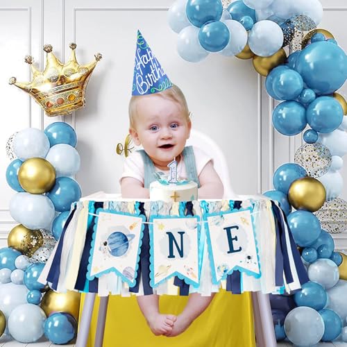 Image of Kriyokiaa 1st Birthday Outer Space High Chair Banner, First Trip Around the Sun Boy First Birthday Party Decor, Astronaut Rocket Space Theme High Chair ONE Banner