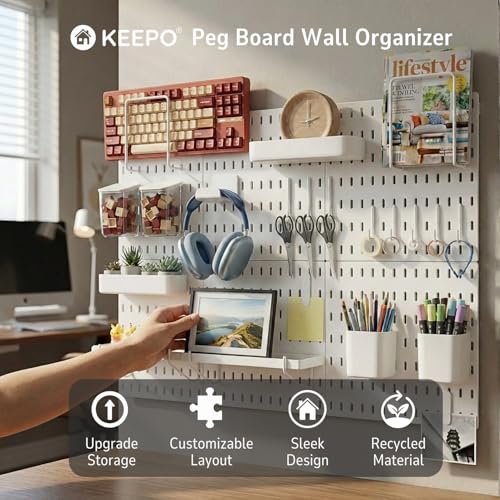 Keepo Stecktafel-Kombinationsset, Stecktafeln und Zubehör, modulare Aufhängung für Wand-Organizer, Bastelorganisation, Ornamenten-Display, Kinderzimmer-Aufbewahrung, Stecktafel (weiß, 84 x 55 cm)