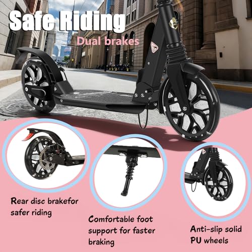 Image of Scooters for Kids, Led Light-Up Rear Wheel, 4 Adjustable Height Dual Brakes,Foldable 8in Big Wheel Scooter, Shock Absorption, 2 Wheel Kick Scooter for Adults, Teens, Up to 300 Lbs