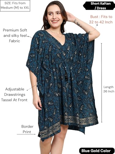 Image of KE KANHA EXPORTS Kaftan Dress|kafthan|kaftan kurti for women|beach wear dress for women|Boho Beach|Border Print Drawstring Tassel|Printed|Easily fits M TO XXL|Bust32-42in Length36in