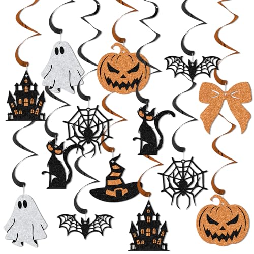 Image of 16Pcs Halloween Hanging Swirls - Halloween Birthday Hanging Swirls - Cat Witch Ghost Hat Pumpkin Decoration Black Orange Glitter