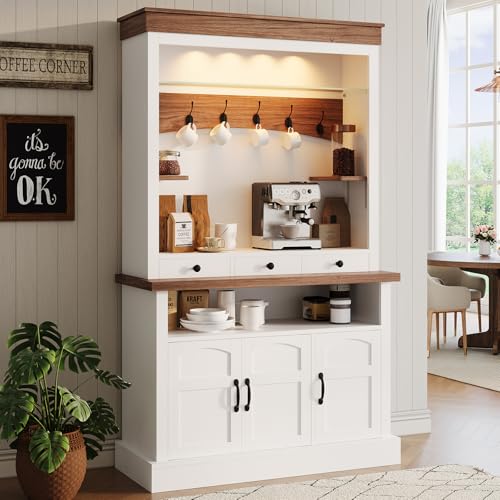 Coffee Bar Cabinet with LED Light, 72" Tall Farmhouse Coffee Bar Hutch with Storage, Sideboard Buffet Cabinet with Microwave Stand/Glass Shelf/6 Hooks/3 Drawers for Kitchen Living Dining Room, White