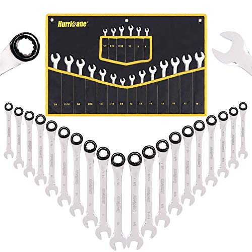 HURRICANE 20 Pieces 12 Point Ratcheting Wrench Set, SAE & Metric, Ratchet Wrench Gear With Organizer Pouch, Chrome Vanadium Steel