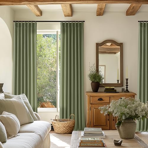 Image of Olive Green Pinch Pleat Linen Semi Sheer Curtains 84 Inch Long for Bedroom