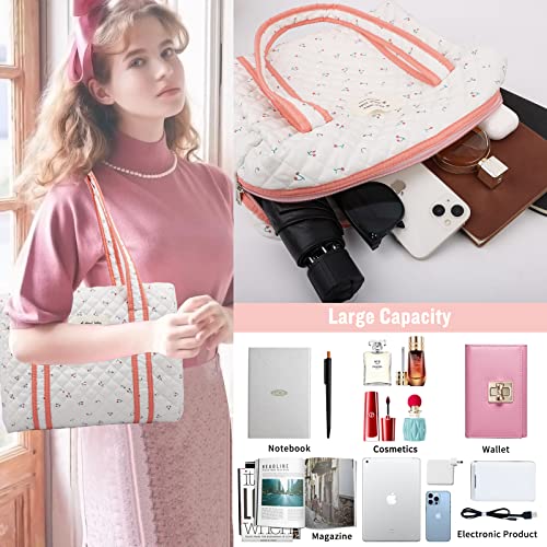 Coquette Quilted Cotton Tote Bag, Aesthetic Shoulder Bag Cute Floral Handbag With Zipper Inner Pocket, Portable And Soft Large Capacity Travel Storage Bag Satchel Purse Pouch For Women Girls(White) #TOP3