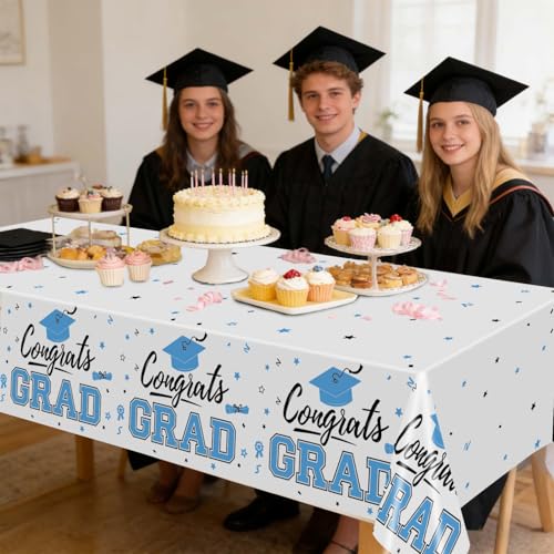 Image of Oigco 2026 Graduation Decorations, 2 Pack Sky Blue Graduation Tablecloths Class of 2026, Congrats Grad Plastic Tablecloths for Graduation Party Decorations, 54 x 108 Inch