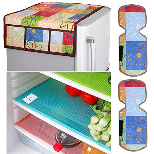 Image of Kuber Industries Floral Design Combo PVC 3 Pieces Fridge Mats, 2 Piece Handle Cover and 1 Piece Fridge Top Cover(Multi)