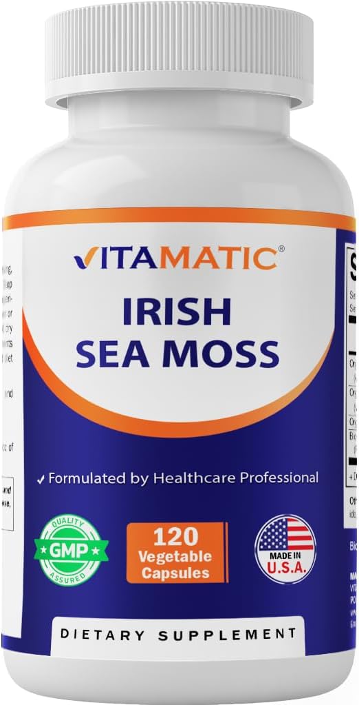 Vitamatic Organic Irish Sea Moss 120 Vegetarian Capsules – Made with Organic Bladderwrack & Organic Burdock Root – Seamoss Supplement for Thyroid, Energy, Immune Support
