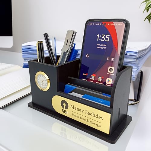 Image of AJANTA ROYAL Elegant Desktop Organizer with Clock, Pen Stand & Phone Holder & Personalized Name Tag, A unique corporate gift. (Black)