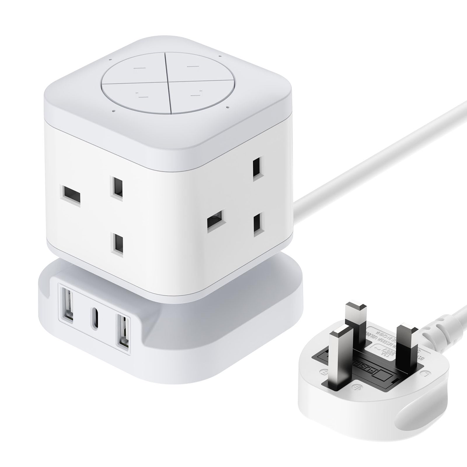 Cube Extension Lead with USB C Slots 1.5M, Mscien Individual Switched 4 Way Extension Lead, Multiple Protection, for Office, Living Room, Gaming Room, Stable, 13A/3250W