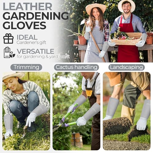 Image of HANDLANDY Rose Pruning Gloves for Men Women, Thorn Proof Gardening Gloves | Long Leather Gardening Gloves, Breathable Leather Gauntlet, Best Garden Gifts & Tools for Gardener (Silver Gray, M)