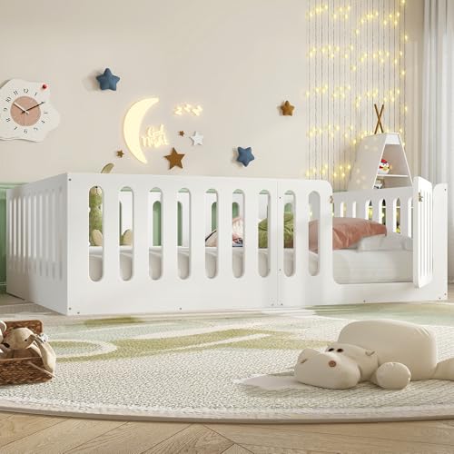 Image of Bellemave Full Size Kids Montessori Floor Bed,Full Size Floor Bed Frame with High Fence and Door,Solid Wood Montessori Bed for Girls Boys,White