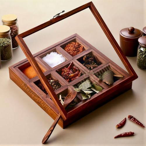 Image of THEHEARTWILL Sheesham Wooden Spice Box with 2 Spoons | Wooden Masala Box for Kitchen with Removable Partitions | Spice Box Wooden Namak Dani | Wood Masala Dabba Dani Container, 50 ml, Brown.