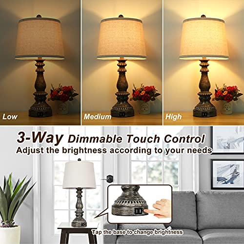 Set Of 2 Touch Control 3-Way Dimmable Table Lamps, Farmhouse Rustic Bedside Nightstand Lamp With 2 Usb Ports Cream Fabric Shade, Brown Desk Lamp For Reading Living Room Bedroom Led Bulbs Included #TOP2