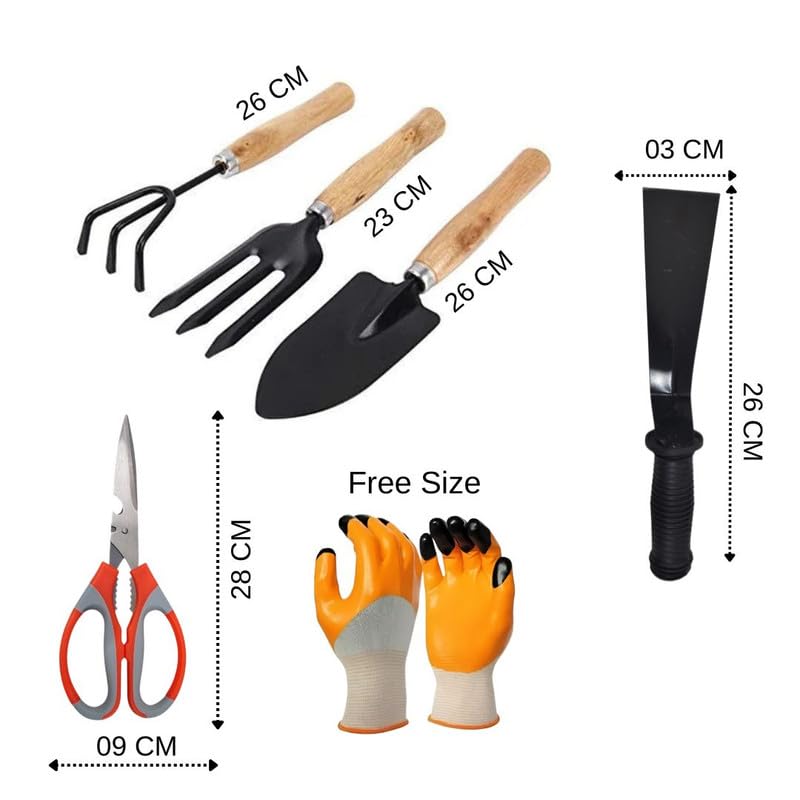 Image of 6 in 1 Gardening Tool Set - Trowel, Fork, Cultivator, Khurpi, Pruner & Gloves with Wooden Handle for Digging, Planting, Weeding & Pruning