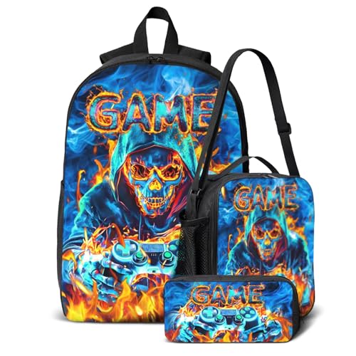 Backpack for School Boys Cool Skull Game Boys Backpack with Lunch Box & Pencil Pouch Set for Kids Children Teens Elementary Middle Schools, Schoolbag Bookbag Daypack Travel Bag Age 6-18
