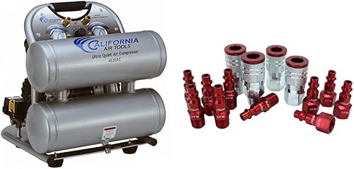 CALIFORNIA AIR TOOLS CAT-4620AC 4GAL 2HP Twn Compresor & ColorFit by Milton Coupler & Plug Kit - (M-Estilo, Rojo) - 14" NPT (14 piezas) - S-314MKIT