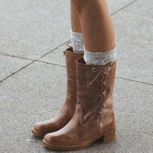 Mid Calf Boots for Women Stylish Side Lace Up Round Toe Chunky Block Low Heel Booties Cute Bow Comfortable Fall Winter Boots2