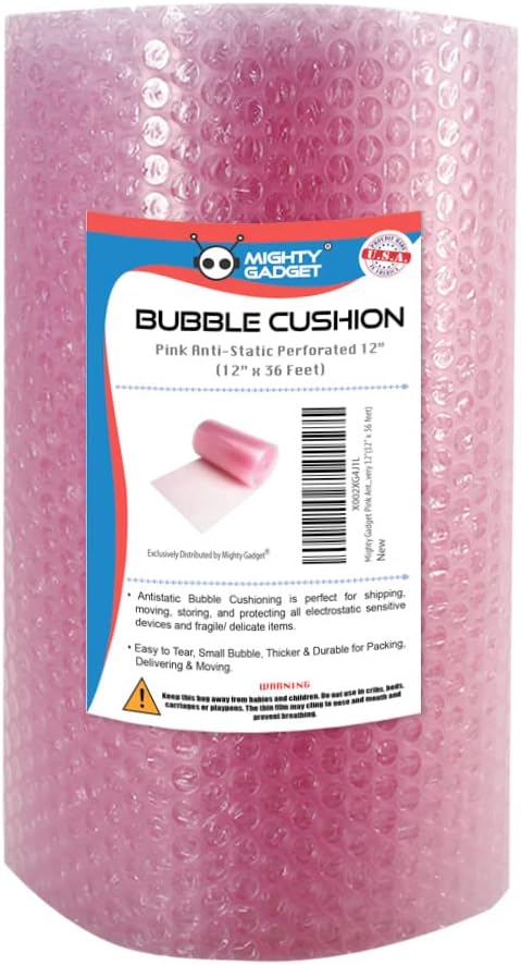 Mighty Gadget Pink Anti-Static Bubble Cushioning Wrap Roll 12 in x 36 feet for Moving & Packaging with Perforated Line Every 12"(12” x 36 feet)