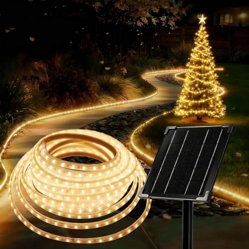 XmnSoly Solar LED Strip Lights 32.8 FT, 4000mAh IP65 Waterproof, 3000K Warm White Outdoor Solar Powered Rope Lights with 4 Lighting Modes for Patio, Garden, Landscape, Step, Christmas