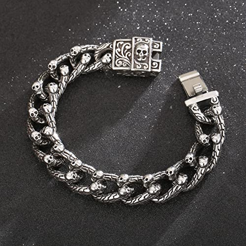 Klapgo Gothic Skull Stainless Steel Linked Chain Bracelet Punk Rock Mens Women Silver Color Bracelet Jewelry 8.66Inch #TOP1