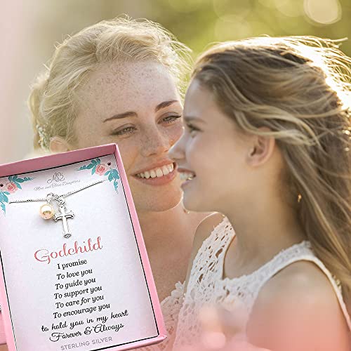 Cross Sterling Silver Necklace Gift For Baptism, Kids Necklace For Girls, Handmade Necklaces On 14-Inch Sterling Silver Chain, Silver Jewelry For Godchild W/Crystal Pearl Gift For Godchild #TOP2