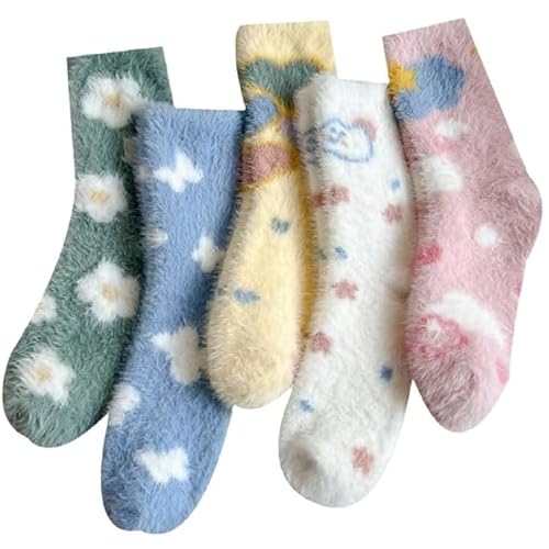 5 Pairs Fuzzy Socks for Women Cozy Winter Warm Slipper Socks Soft Microfiber Home Bed Socks Cute Gifts for Girls Thermal Comfortable