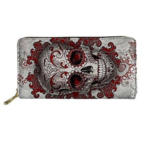 Woisttop Red Sugar Skull Candy Skull Maxican Day of The Dead Skeleton Dead Head Skull Floral Wallet Gift for Women Girls Wallet Zip Phone Clutch Large Travel Organizer Cover