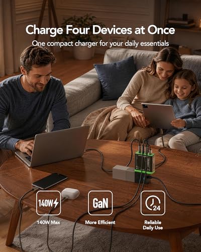 Image of Mfish E-Rhino 140W USB-C Charger, True PD 3.1 GaN Fast Charger, 4-Port (3 USB-C + 1 USB-A) Foldable Plug Power Adapter for MacBook Pro 16 inch, iPhone 17 /16, iPad, Galaxy, Tablet, Laptop Black