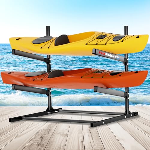 FitiRoker 2-Tier Freestanding Kayak Storage Rack Steel Storage Stand with Adjustable Padded Arms for Kayaks Canoes Surfboards and Paddleboards Indoor Outdoor Garage Organizer