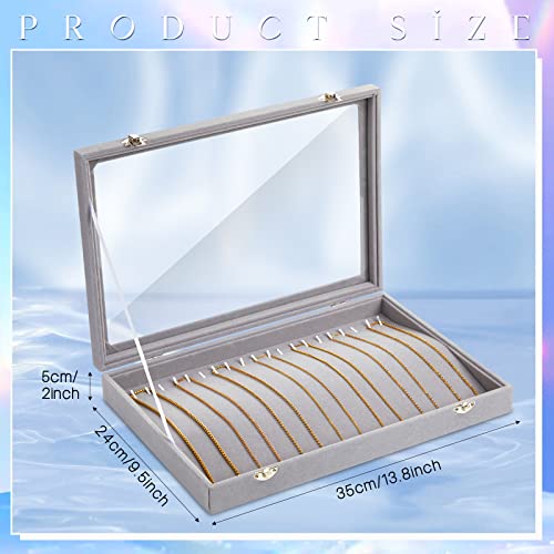 2 Pieces Glass Lid Necklace Organizer Box 20 Hooks Velvet Jewelry Tray Travel Necklace Holder Clear Lid Jewelry Storage Stackable Necklace Display Case For Drawer Bracelet Pendant Earring (Gray) #TOP1