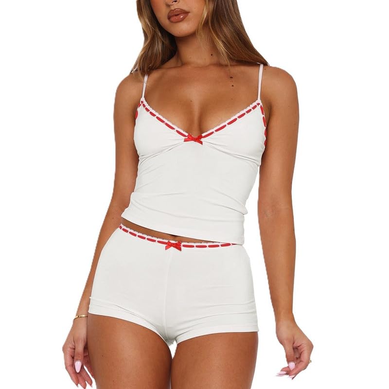 Image of Womens Y2K Cute Print Cami Pajama Sets Lace Trim V Neck Tank Top Shorts Set Bow Heart Print 2 Piece Sleepwear